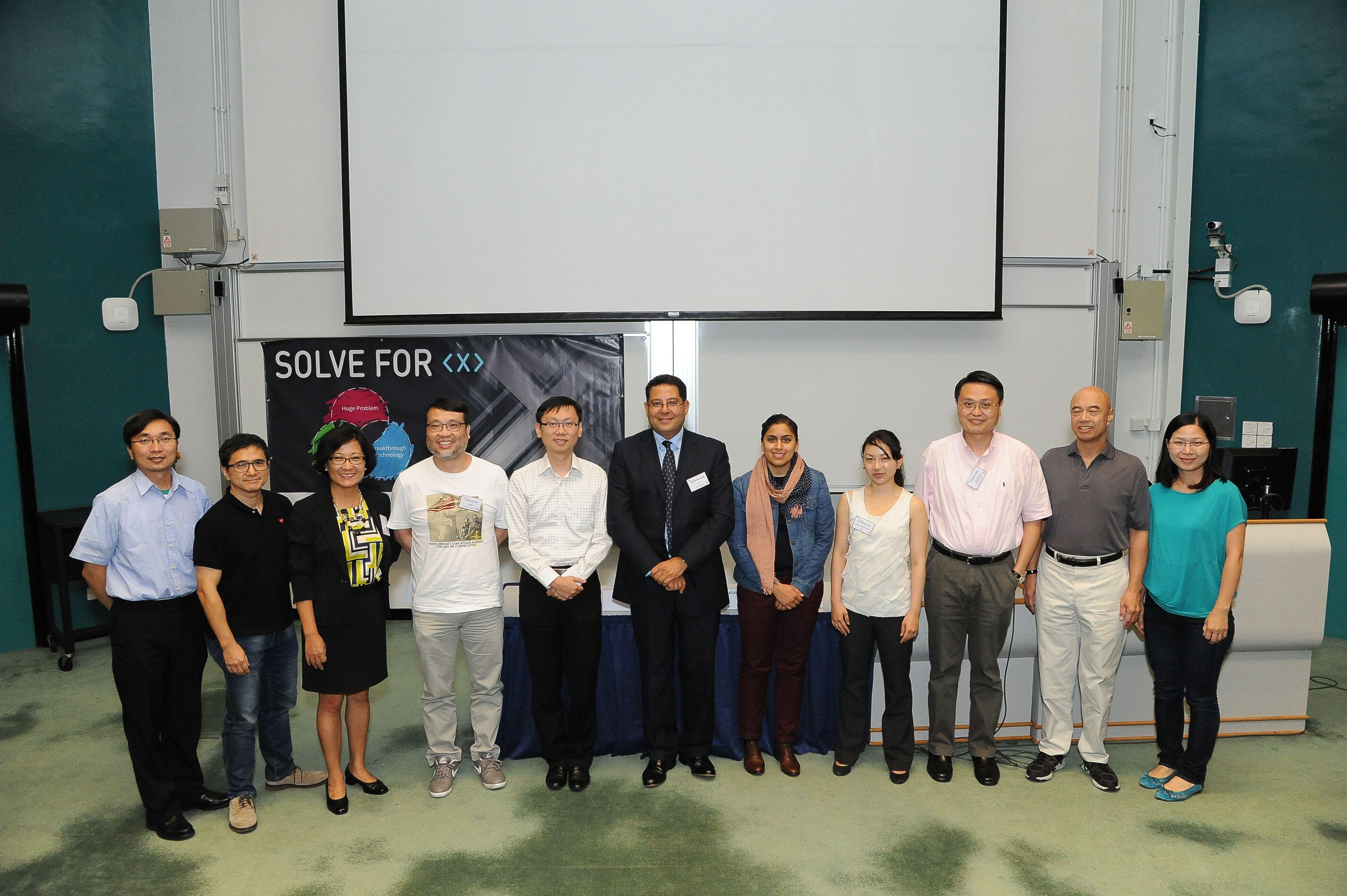 From Left: from SENG, Prof Tim Woo, Prof CY Tsui; from IPO, Prof Betty Lin, Prof King Lau Chow; from SBM, Prof Kai Lung Hui; from SENG, Prof Khaled Ben Letaief, from Google, Ms Puneet Ahira, Ms Deborah Anyu Lai; from SENG, Prof King Lun Yeung, Prof Po Chi Wu, and Prof Emily Au