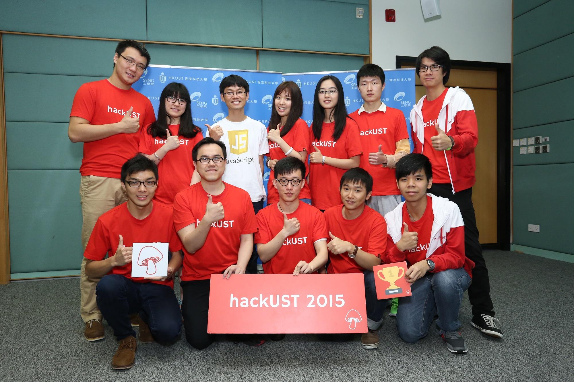 Mr Stone Huang, Technical Supervisor, Social Platform Department, Tencent, (3rd from left, back row)also one of the judges of Hackathon@HKUST 2015, together with two of the winning teams RoundUp and Everhelp, and the student organizing team.