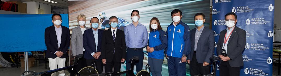 Dr. David Chung, Under Secretary for Innovation and Technology (fourth left), Mr. Adam Kwok, Executive Director of Sun Hung Kai Properties (center), Prof. Tim Cheng Kwang-Ting, Dean of Engineering (third left), and Prof. Zhang Xin, Chair Professor of Mechanical and Aerospace Engineering of HKUST (first left), Dr. Trisha Leahy, Chief Executive (second left), Dr. Raymond So, Director of Elite Training Science and Technology (first right), Mr. Shen Jinkang, Head Cycling Coach (third right), and elite cycling a