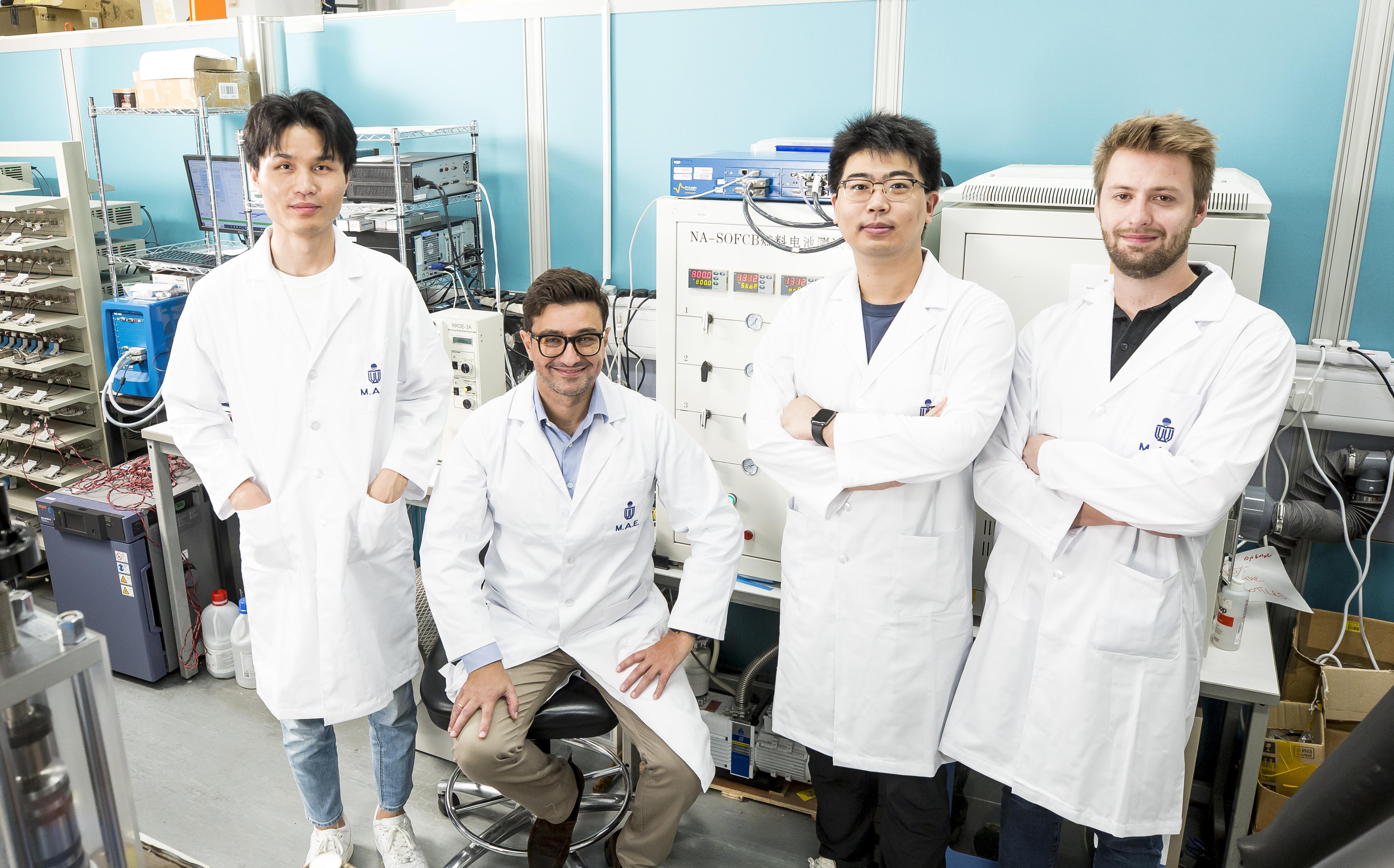 Prof. Francesco Ciucci (second left), postdoctoral fellow Dr. Song Yufei (first left), PhD students Wang Yuhao (second right) and Matthew James Robson (first right) and other team members have identified an exceptionally promising cathode material for protonic ceramic fuel cells, marking a major step toward the commercialization of this renewable energy technology.