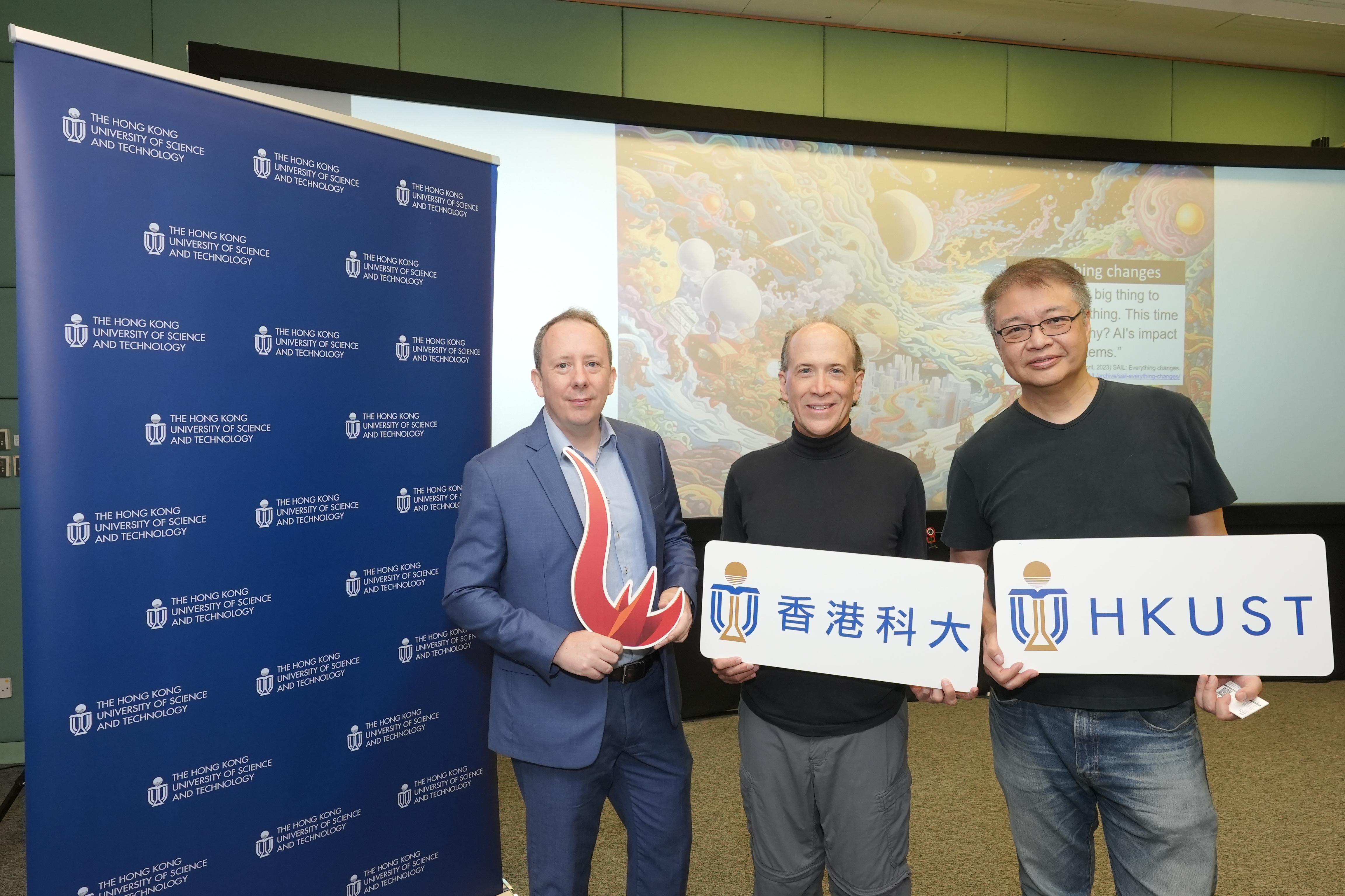 (From left) Dr. Sean McMinn, Director of the Center for Education Innovation; Prof. Andrew Horner, Professor of Computer Science and Engineering; and Prof. Erwin Huang, Adjunct Professor of Integrative Systems and Design, introduced the Education and Generative AI Fund and some of the funded projects at a media briefing in early September.