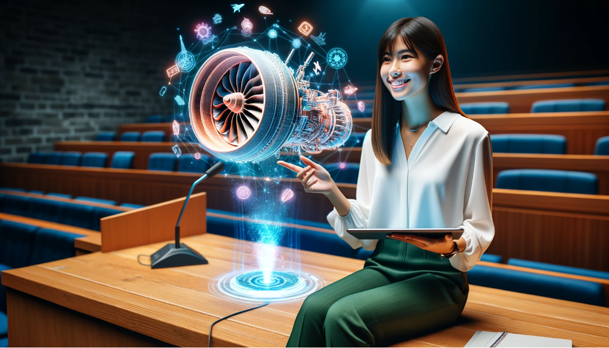 An AI-generated image portraying a learner exploring an aircraft engine with extended reality technology.