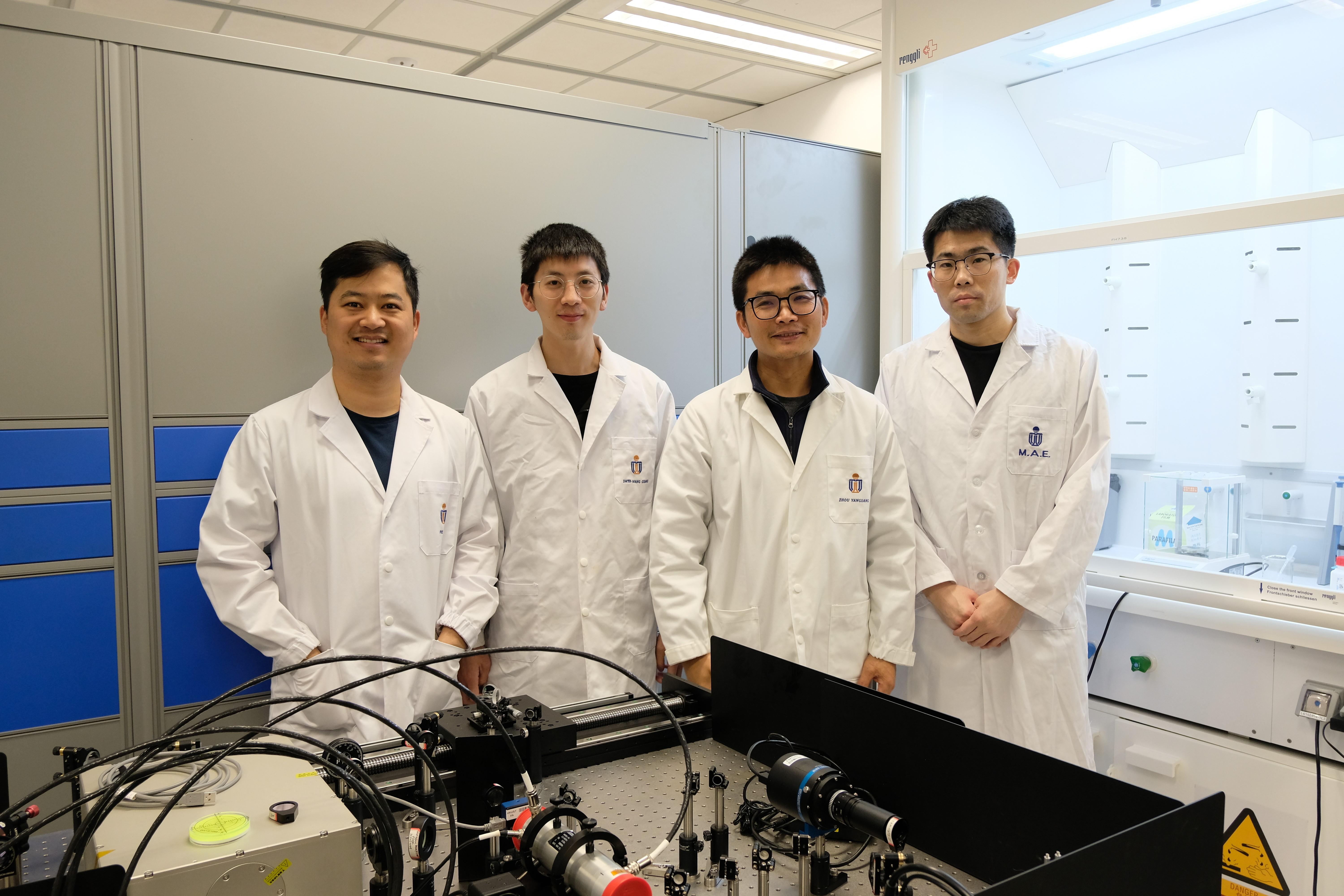 Prof. Zhou Yanguang (second right), Assistant Professor of Mechanical and Aerospace Engineering at HKUST, and his PhD students Fan Hongzhao (first left), Wang Guang (second left) and Li Jiawang (first right)